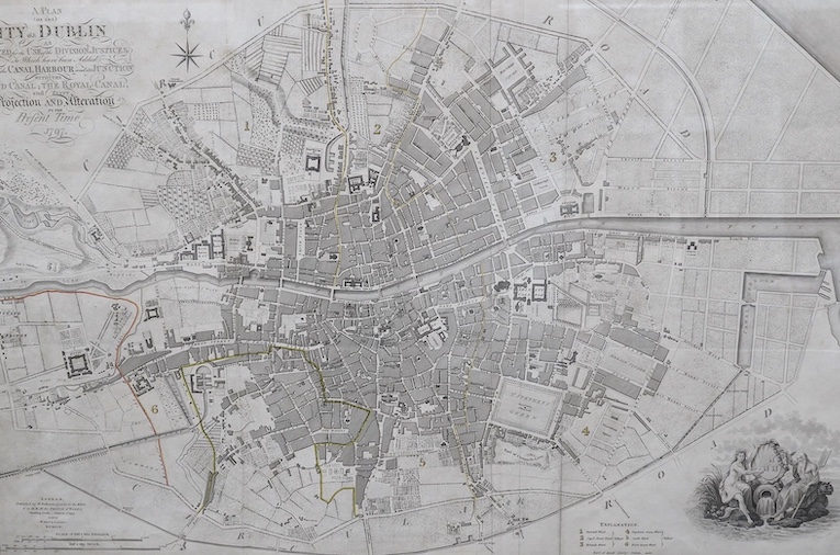 A plan of the City of Dublin ... Plans of Canal Harbour ... large scale with streets, squares and some buildings named, engraved title, framed and glazed, 49 x 75cm approx., within mount, William Faden, 1797